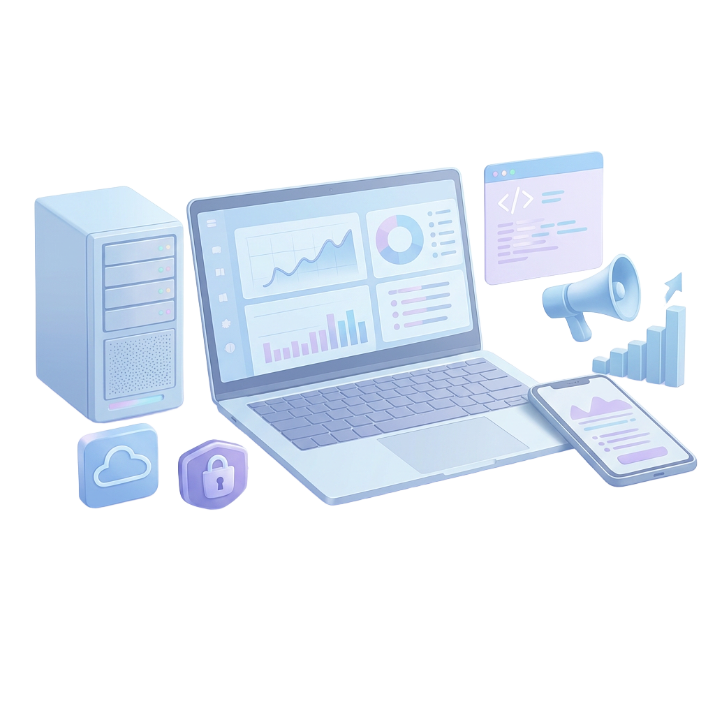 Ilustração de dashboard, servidor e dispositivos representando soluções de T.I.